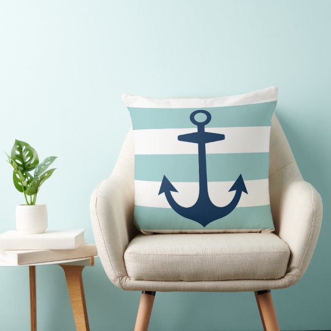 Nautical Navy Blue Anchor with Aqua Stripes Cushion (Chair)
