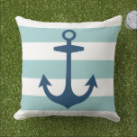Nautical Navy Blue Anchor with Aqua Stripes Cushion<br><div class="desc">Stylish and chic square outdoor accent pillow design features a beachy white and blue / green cabana striped pattern with navy blue boat anchor. The background colour can be customised.</div>