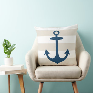 Nautical Navy Blue Anchor with Beige Stripes Cushion