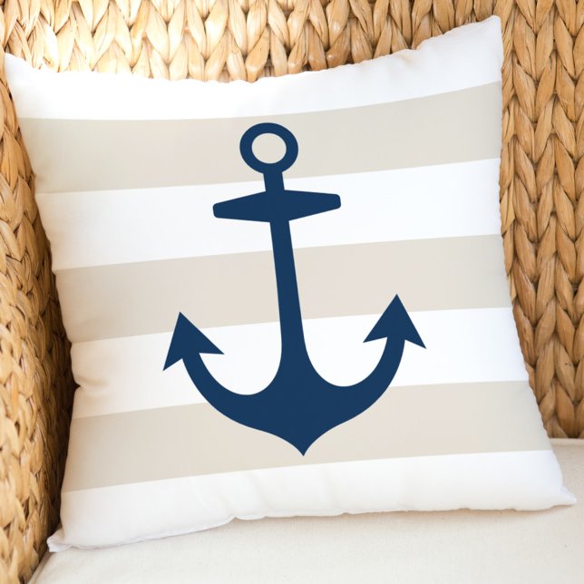 Nautical Navy Blue Anchor with Beige Stripes Cushion (Creator Uploaded)