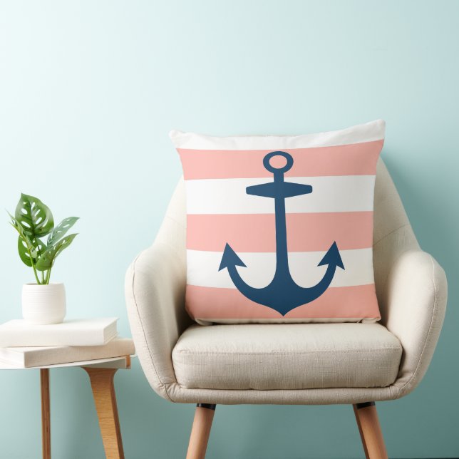 Nautical Navy Blue Anchor with Blush Pink Stripes Cushion (Chair)