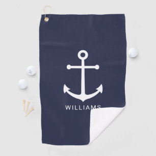 Nautical Navy Blue Anchor with Custom Name Golf Towel