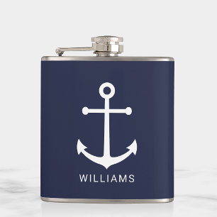 Nautical Navy Blue Anchor with Custom Name Hip Flask