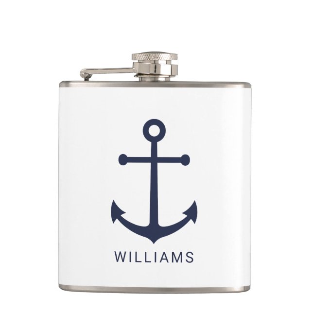 Nautical Navy Blue Anchor with Custom Name Hip Flask (Front)