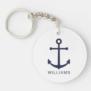 Nautical Navy Blue Anchor with Custom Name Key Ring