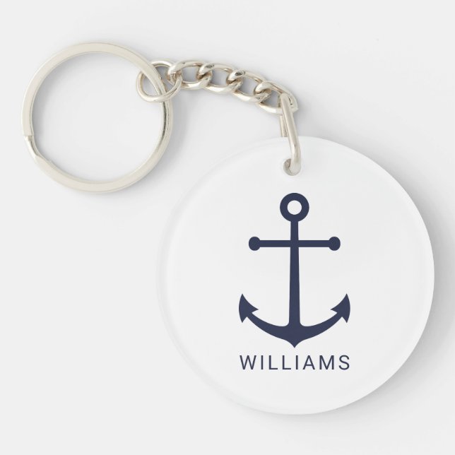 Nautical Navy Blue Anchor with Custom Name Key Ring (Front)