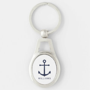Nautical Navy Blue Anchor with Custom Name Key Ring