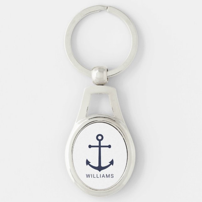 Nautical Navy Blue Anchor with Custom Name Key Ring (Front)