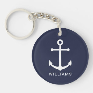 Nautical Navy Blue Anchor with Custom Name Key Ring