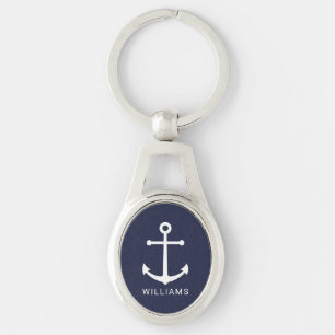 Nautical Navy Blue Anchor with Custom Name Key Ring