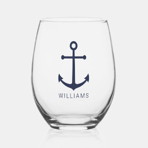 Nautical Navy Blue Anchor with Custom Name Stemless Wine Glass