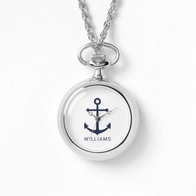 Nautical Navy Blue Anchor with Custom Name Watch (Front)