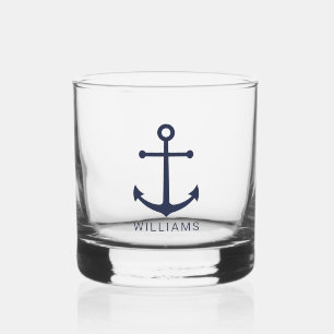 Nautical Navy Blue Anchor with Custom Name Whiskey Glass