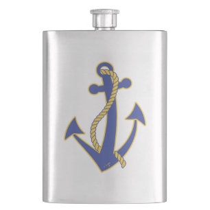 Nautical Navy Blue Anchor with gold rope Hip Flask