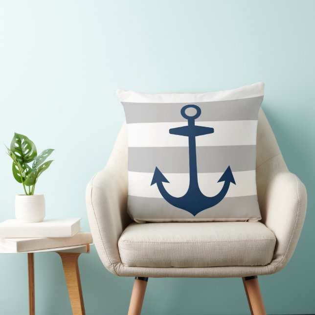 Nautical Navy Blue Anchor with Grey Stripes Cushion (Chair)