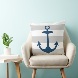 Nautical Navy Blue Anchor with Grey Stripes Cushion
