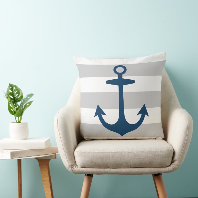 Nautical Navy Blue Anchor with Grey Stripes Cushion (Chair)
