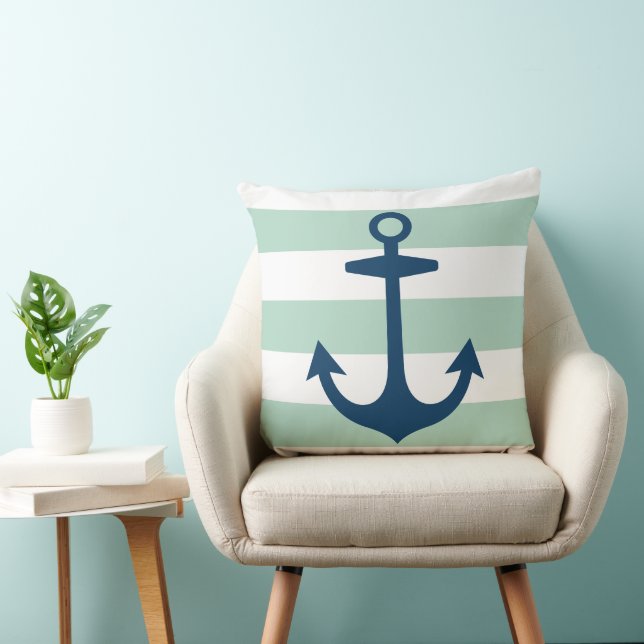 Nautical Navy Blue Anchor with Mint Green Stripes Cushion (Chair)
