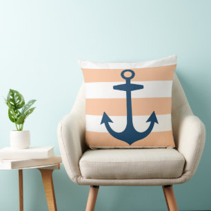 Nautical Navy Blue Anchor with Peach Stripes Cushion