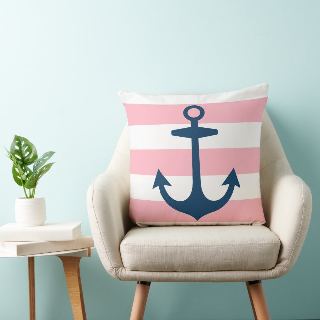 Nautical Navy Blue Anchor with Pink Stripes Cushion (Chair)