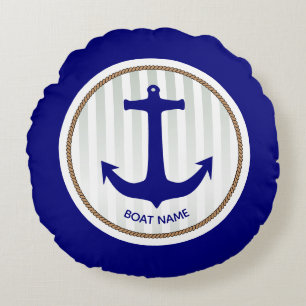 Nautical Navy Blue Anchor with Stripes Round Cushion