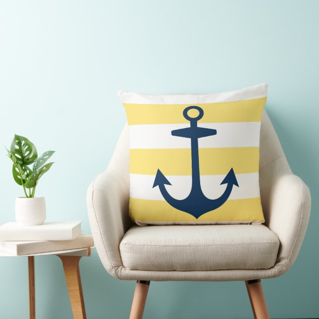 Nautical Navy Blue Anchor with Yellow Stripes Cushion (Chair)