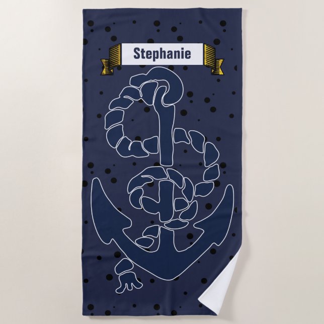 Nautical Navy Blue Anchor with Your Name or Quote Beach Towel (Front)