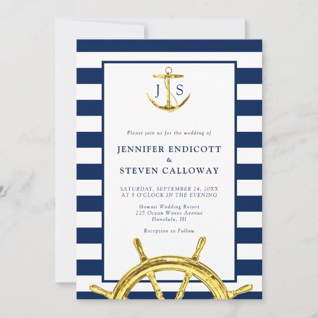 Nautical Navy Blue and Gold Anchor Wedding Invitation (Front)