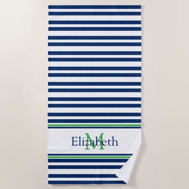 Nautical Navy Blue and Green Stripe Monogram Beach Towel (Front)