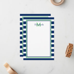 Nautical Navy Blue and Green Stripe Monogram Card