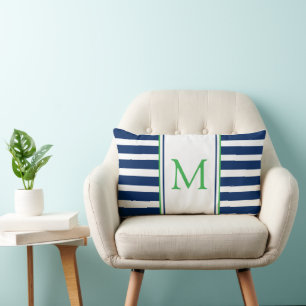 Nautical Navy Blue and Green Stripe Monogram Lumbar Cushion