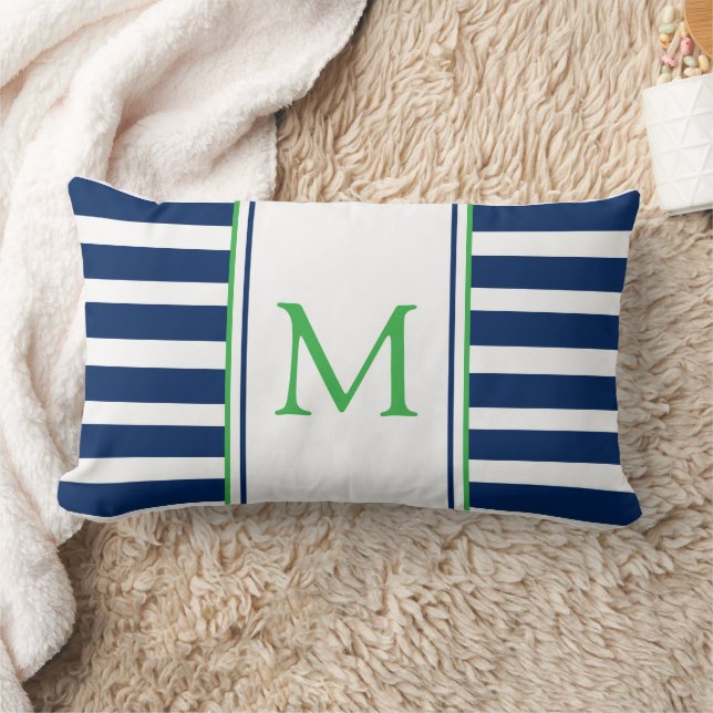 Nautical Navy Blue and Green Stripe Monogram Lumbar Cushion (Blanket)