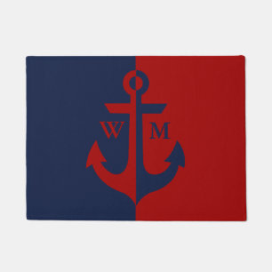 Nautical Navy Blue and Red Anchor Monogram Doormat