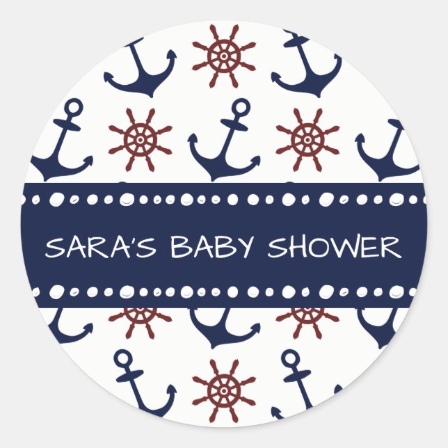 Nautical Navy Blue and red Anchor rudder pattern Classic Round Sticker (Front)