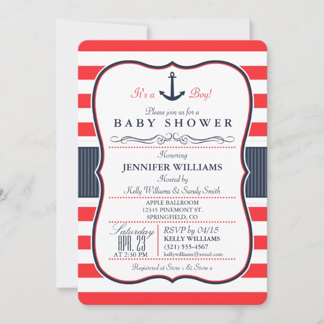 Nautical Navy Blue and Red Baby Shower Invitation (Front)