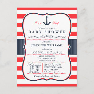 Nautical Navy Blue and Red Baby Shower Invitation