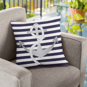 Nautical Navy Blue and Silver Anchor Sailing Cushion