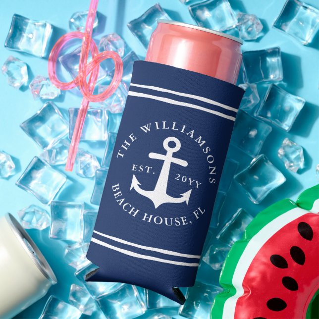 Nautical Navy Blue and White Anchor Beach House Seltzer Can Cooler (In Situ Summer)