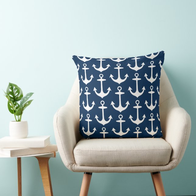 Nautical Navy Blue and White Anchor Pattern Cushion (Chair)