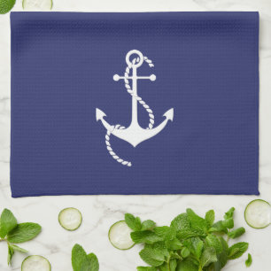 Nautical navy blue and white anchor rope tea towel