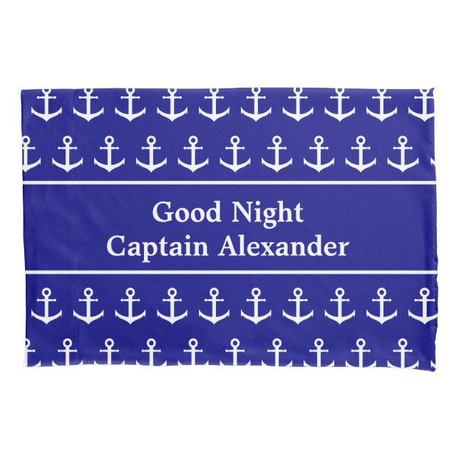 Nautical Navy Blue and White Anchors and Name Pillowcase (Front)