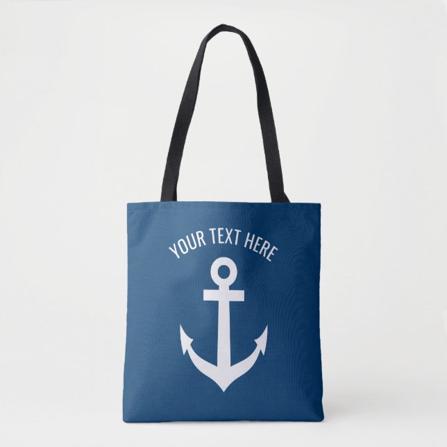 Nautical navy blue and white boat anchor custom tote bag (Front)