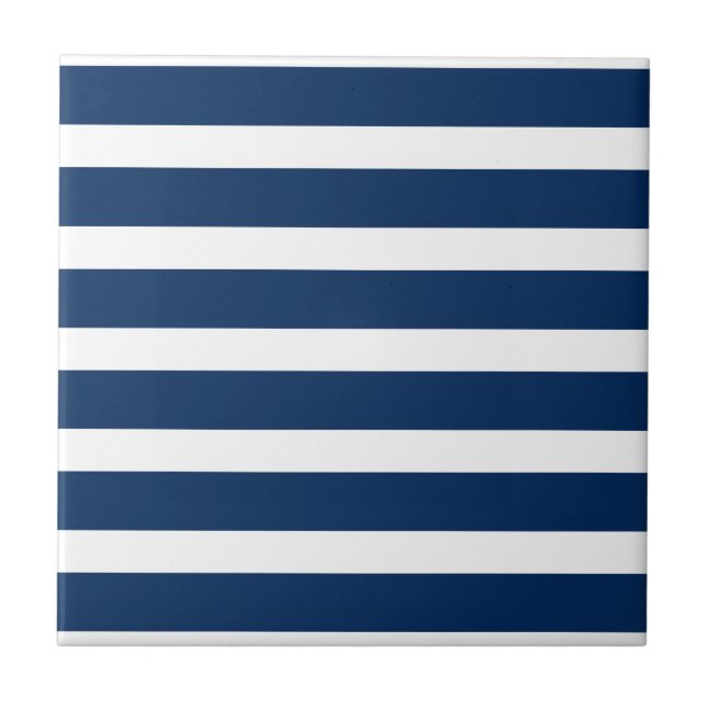 Nautical navy blue and white bold stripes custom ceramic tile (Front)