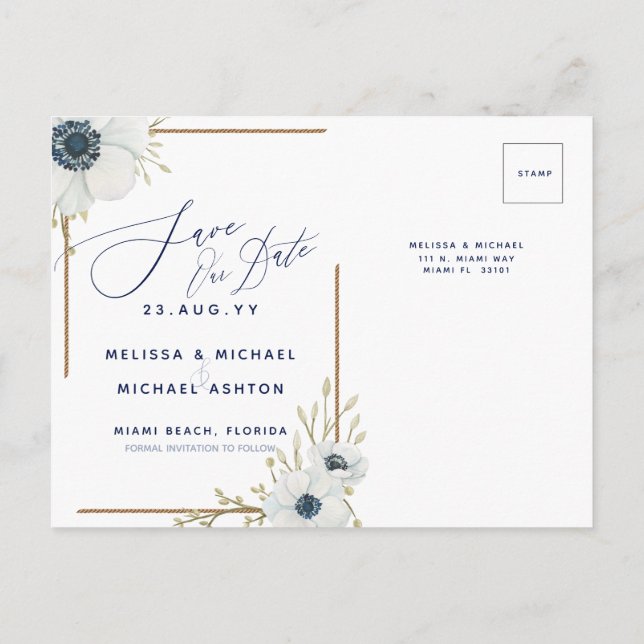 Nautical Navy Blue and White Save the Date  Announ Announcement Postcard (Back)