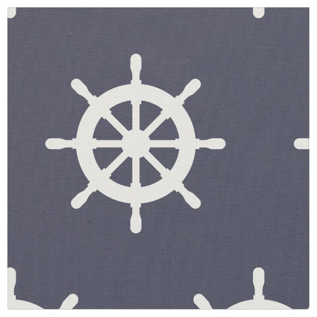Nautical navy blue and white ship wheel pattern fabric (Close Up)