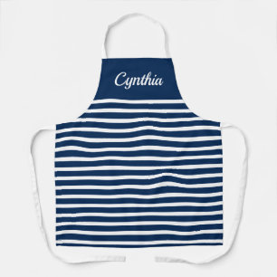 Nautical navy blue and white stripe custom kitchen apron