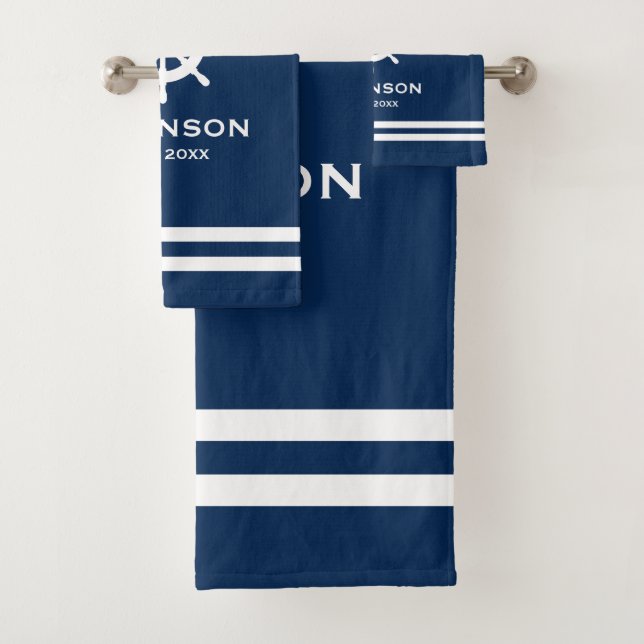 Nautical navy blue and white stripe custom name bath towel set (Insitu)