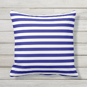 Nautical Navy Blue And White Striped Beach House Cushion