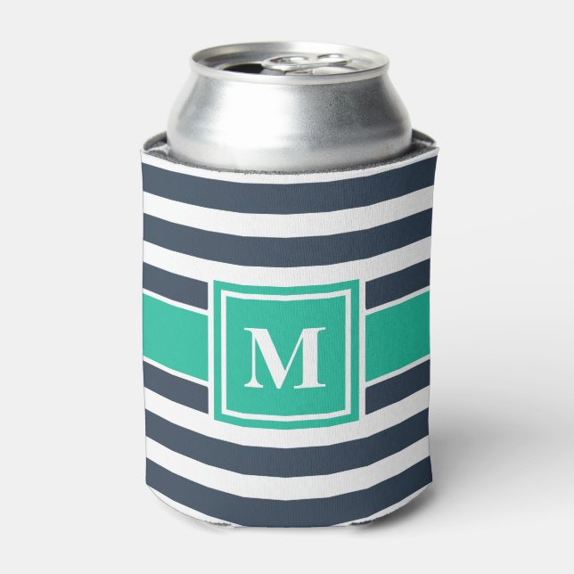 Nautical Navy Blue and White Striped Monogram Can Cooler (Can Front)