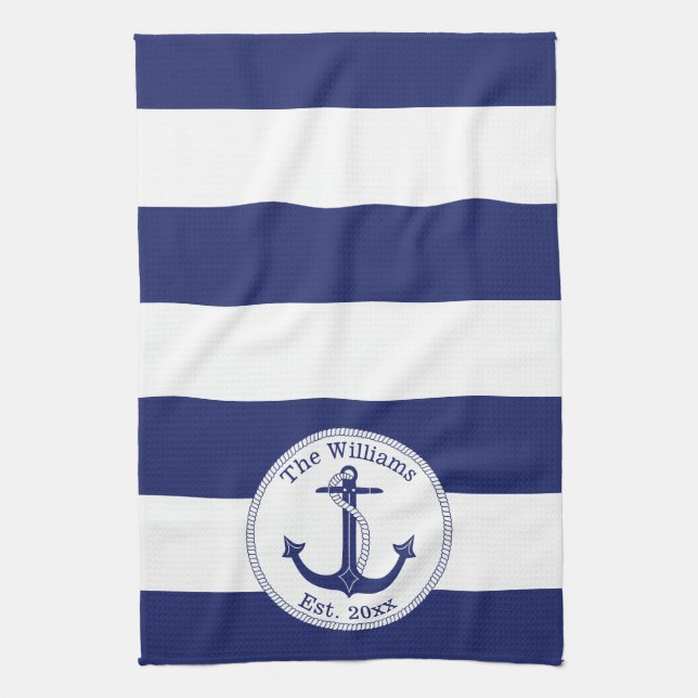 Nautical Navy Blue and White Striped Tea Towel (Vertical)